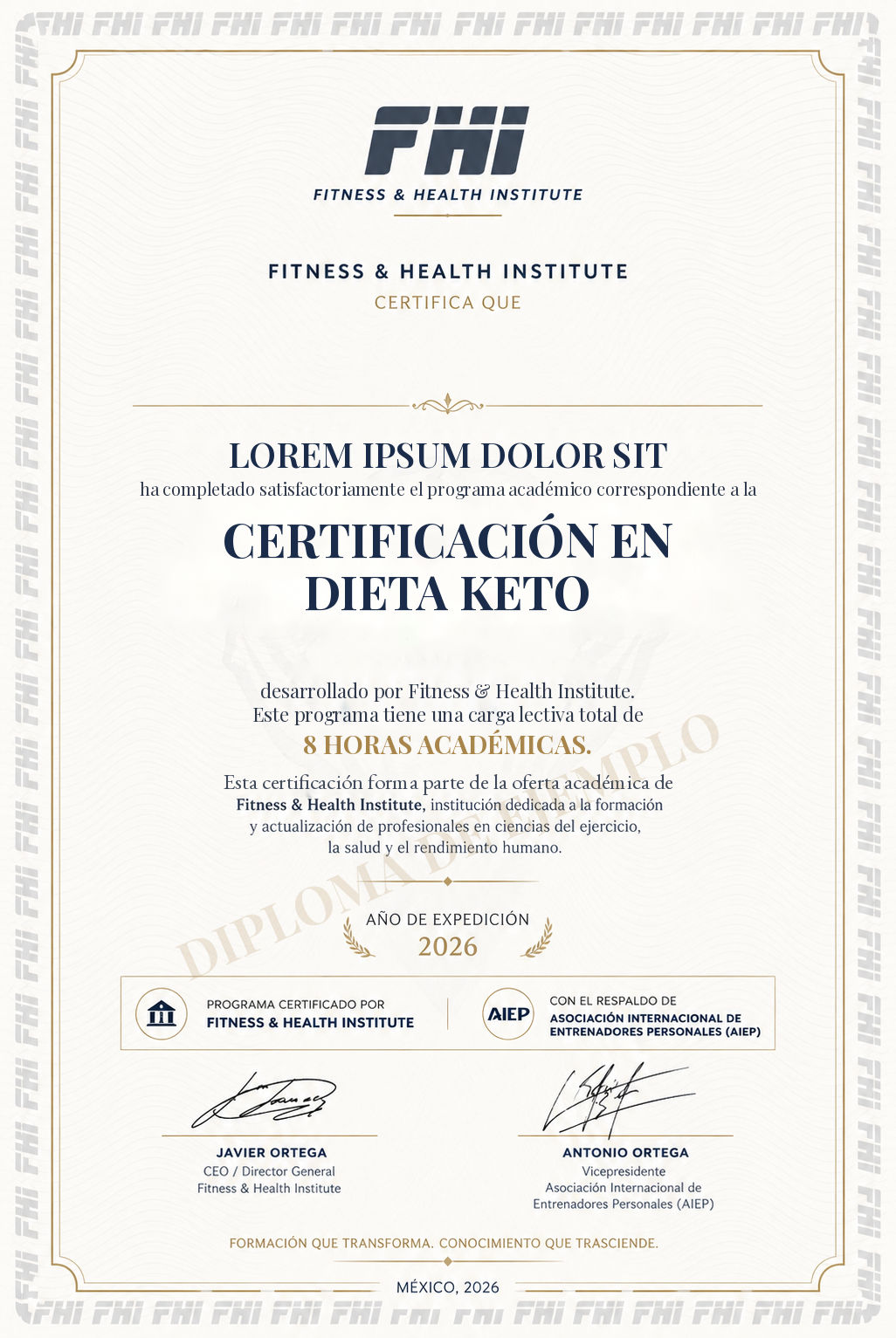 Ejemplo de diploma de la Certificación en Dieta Keto de FHI